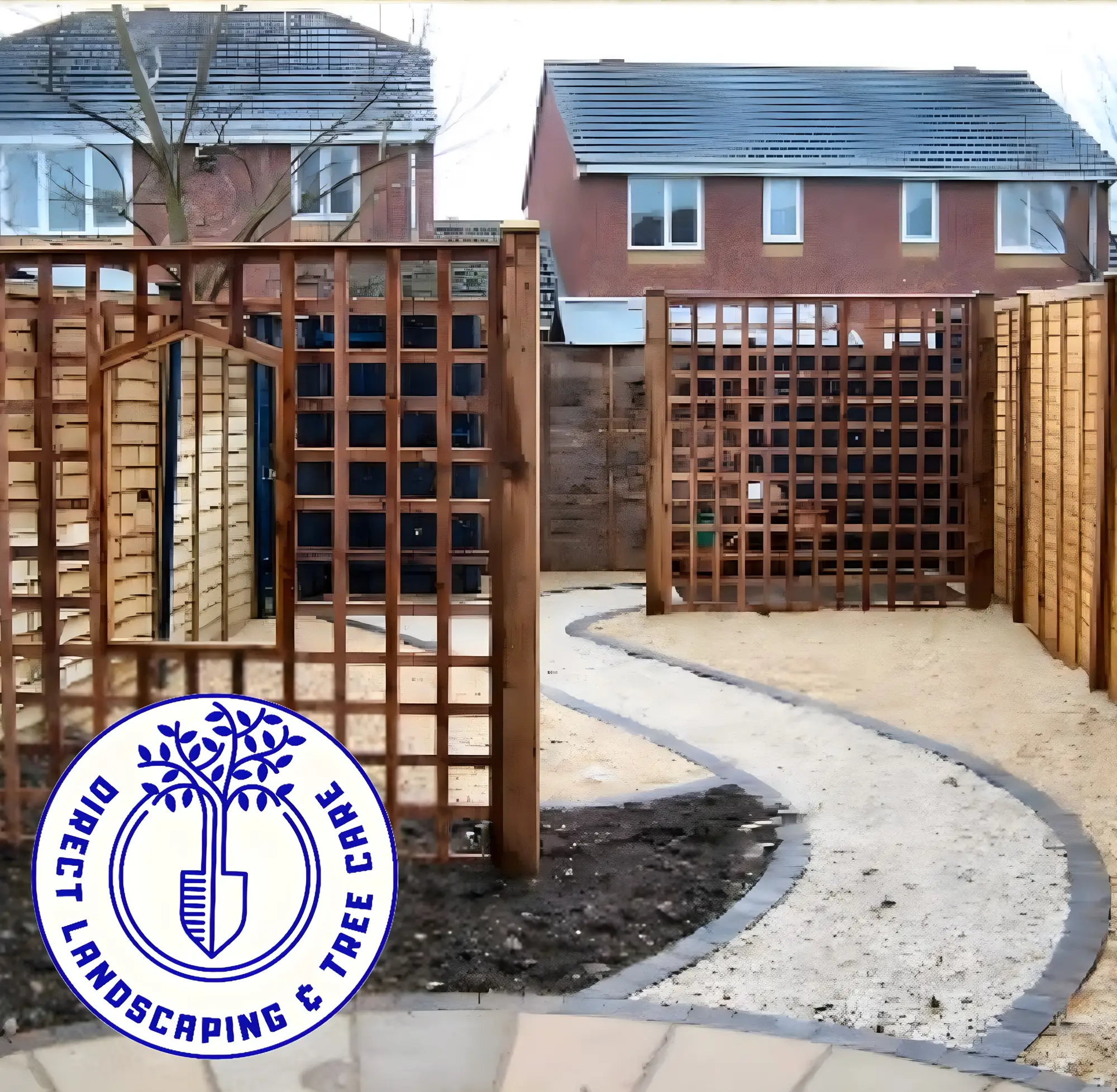Curved gravel path with block edging leading to a trellis-topped timber fence and gate